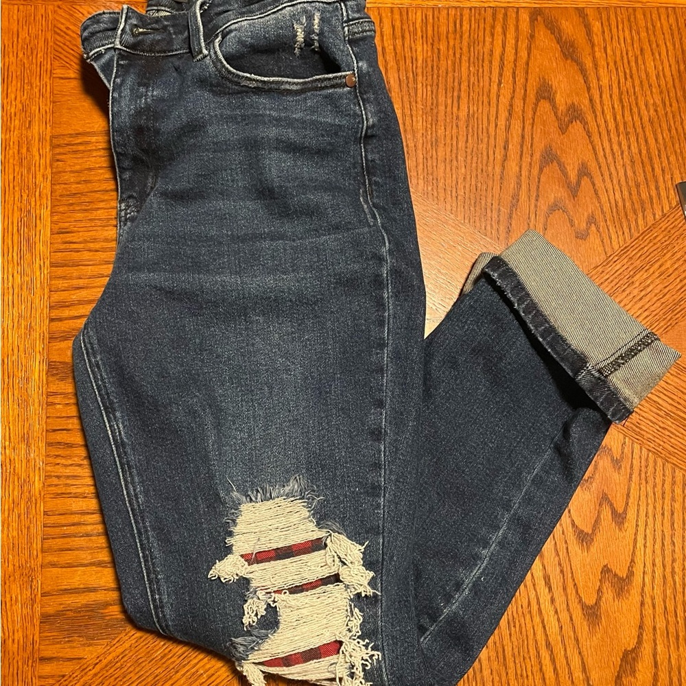 Judy Blue Boyfriend Jeans with red plaid patch worn once